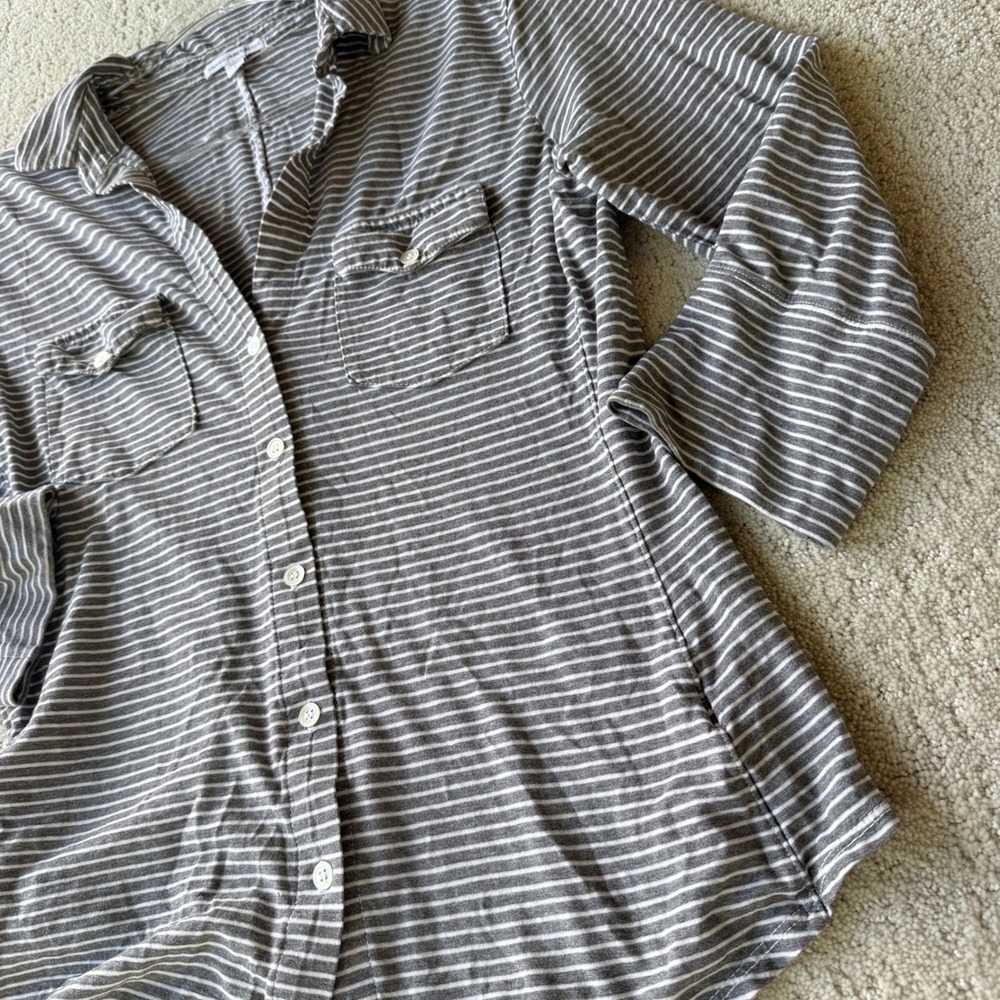 James Perse Button Down Shirt Womens 3 Gray Striped Cotton 3/4 Sleeve WCS3826 - Picture 8 of 15